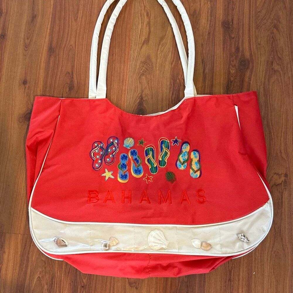 Bahamas vintage red embroidered with real seashells tote bag beach bag large fli